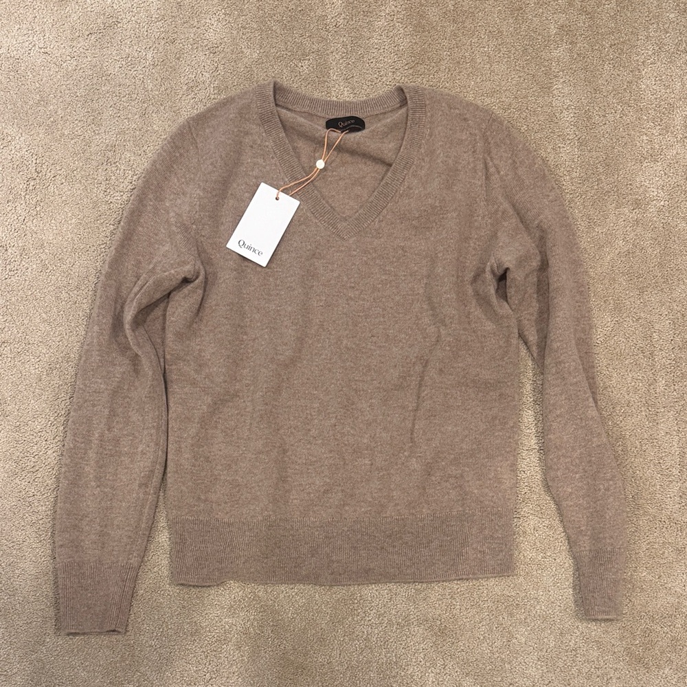 Quince Taupe V-Neck Mongolian Cashmere Sweater